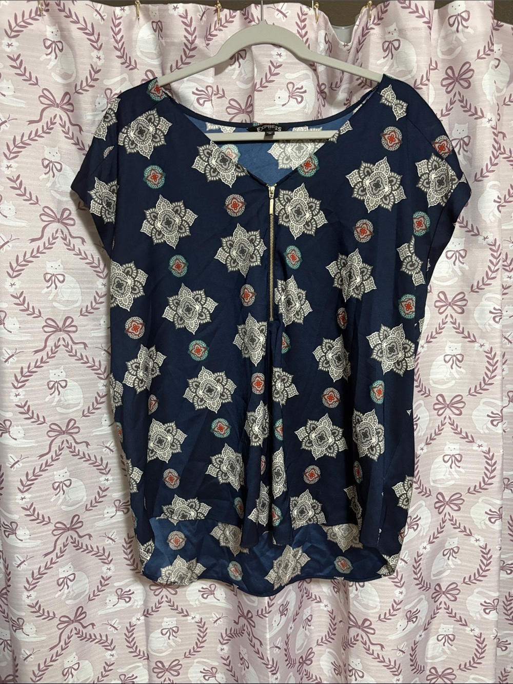 Express Navy Short Sleeve Printed Blouse with Zip Detail